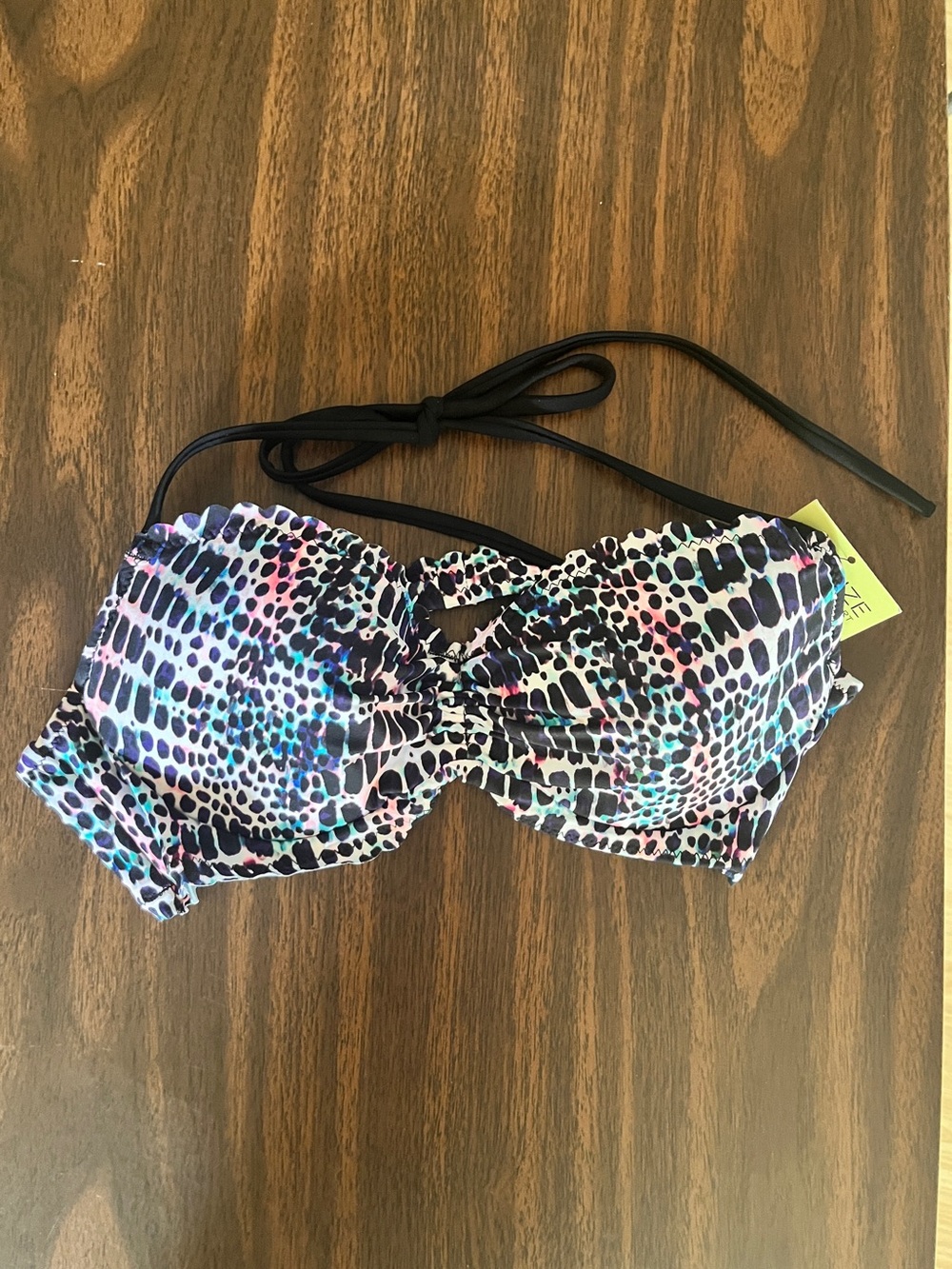 Patterned Bikini Top with Black Tie